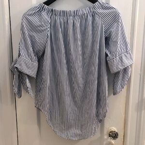 New Blue and White Blouse. Elastic Top, Tie Sleeves, Cotton, Summer Bohemian XS